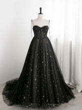 Black A line Sweetheart Neck Tulle Long Prom Dresses, Black Formal Graduation Dresses